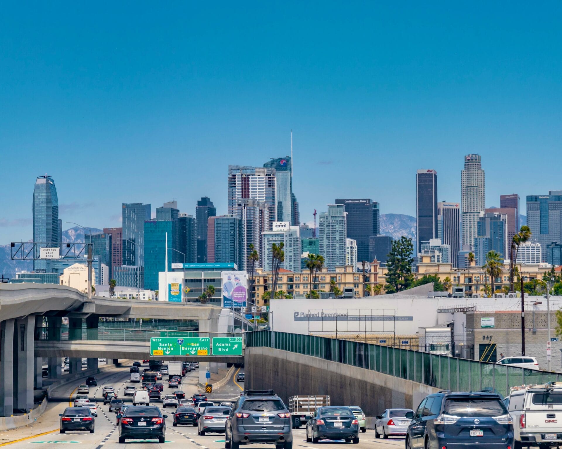 Traffic on the Freeway in Downtown Los Angeles, California, USA