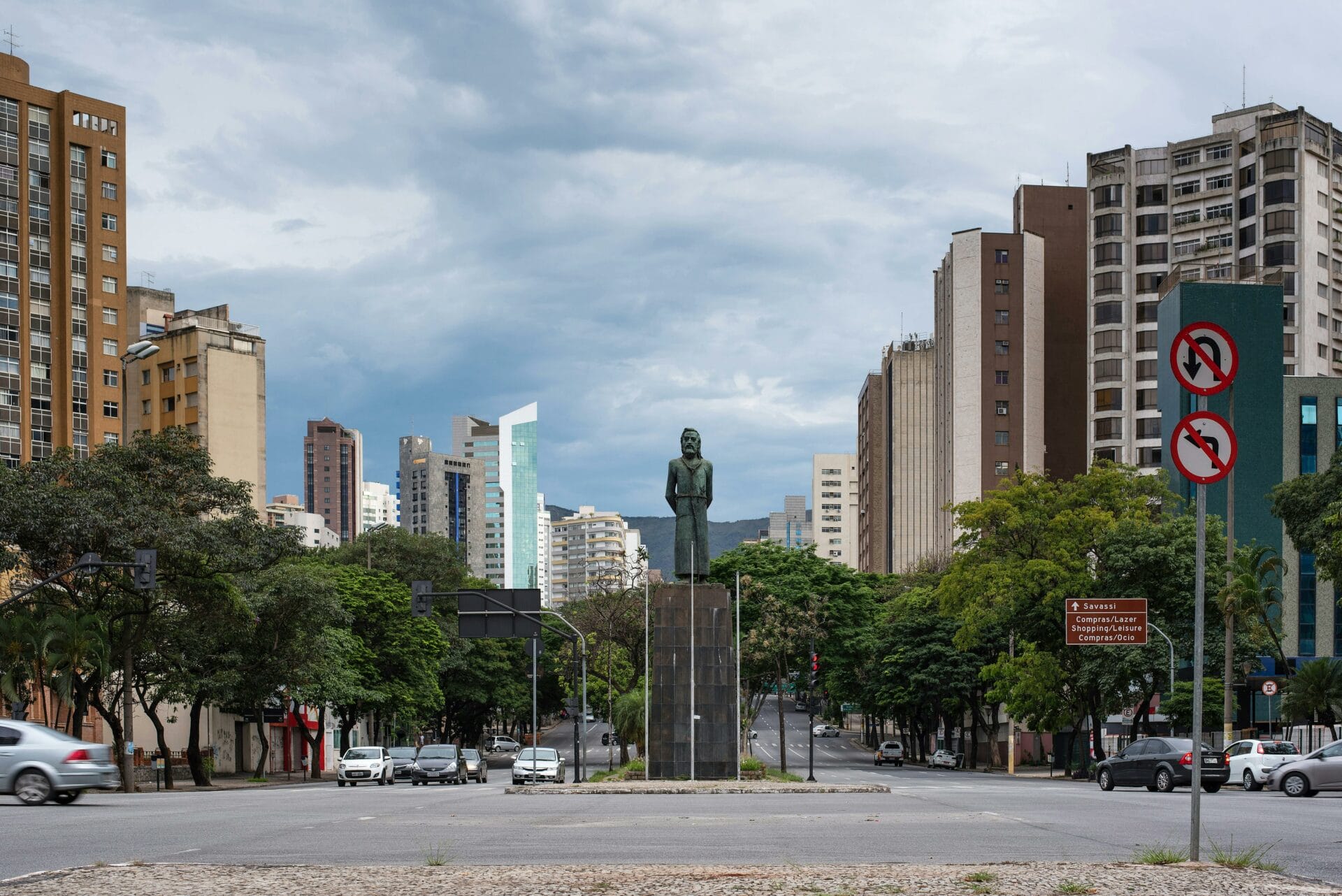 View of the Estatua de Tiradentes between Trees and Apartment Buildings in Belo Horizonte, Brazil