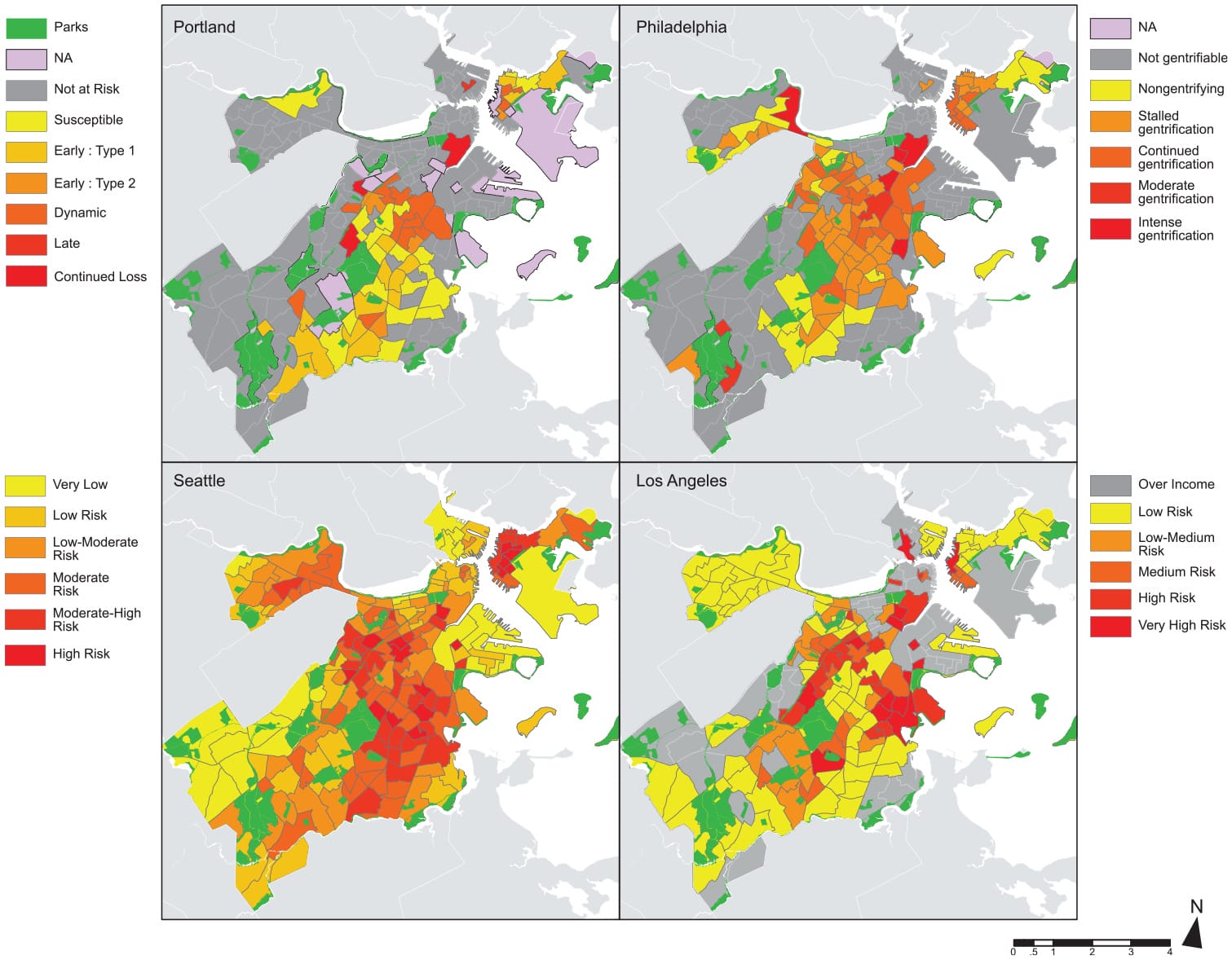 Maps showing the four methodologies applied to Boston, MA.