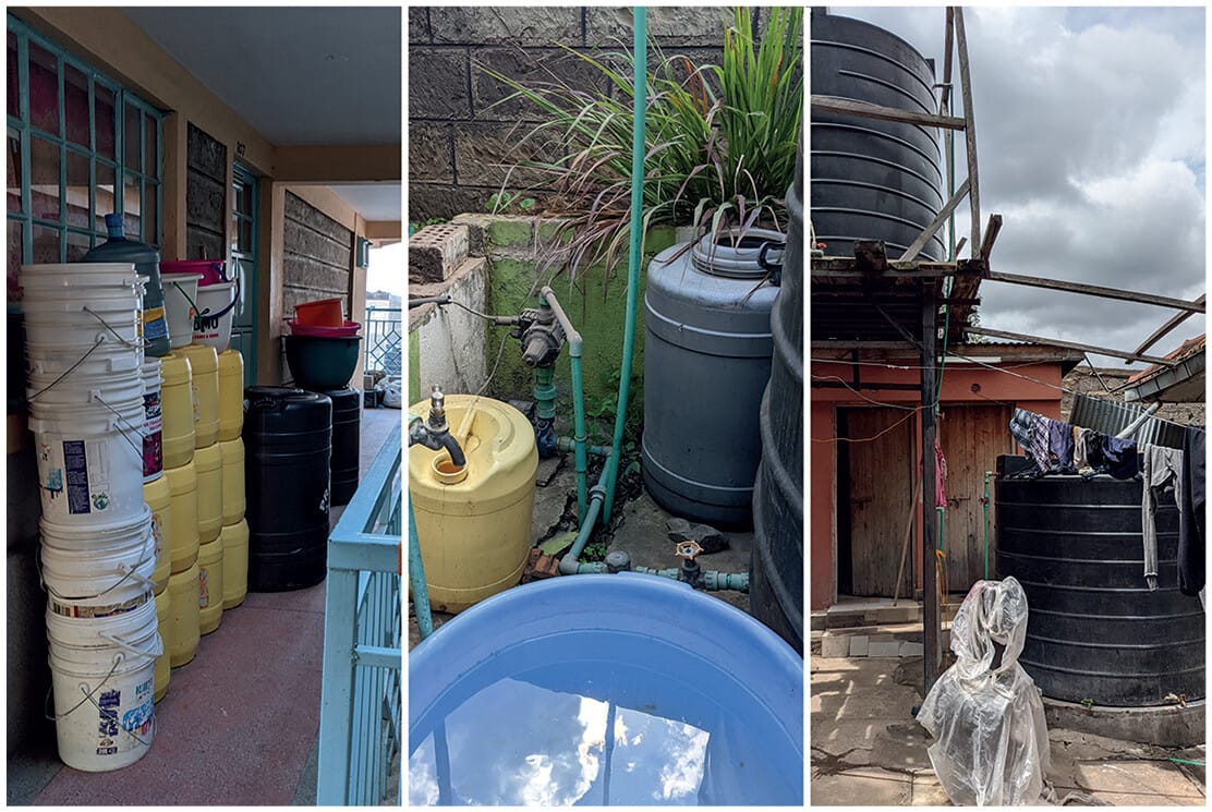 Figure 1: Water storage items in Pipeline, Buru Buru and Ongata Rongai, from left to right (Moritz Kasper, 2021/22)