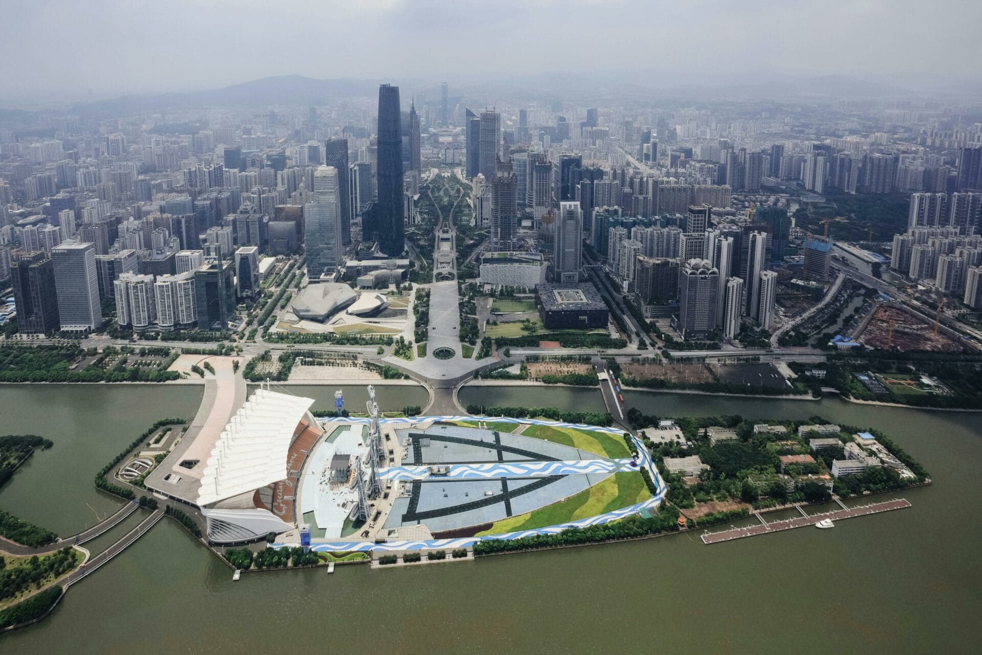 Island on River and Skyscrapers near in Guangzhou