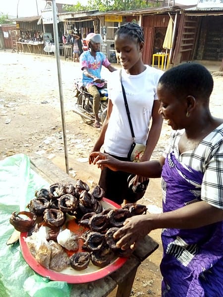 picture shows a dried fish vendor bargaining with a buyer.