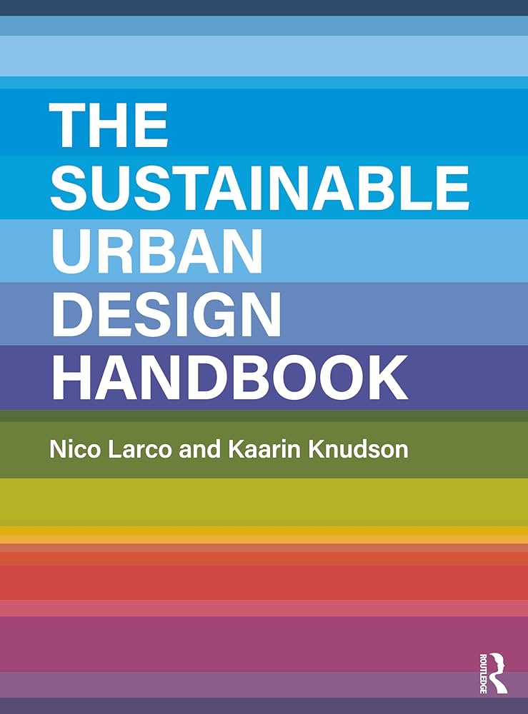 The Sustainable Urban Design Handbook book cover featuring a design of different coloured horizontal stripes