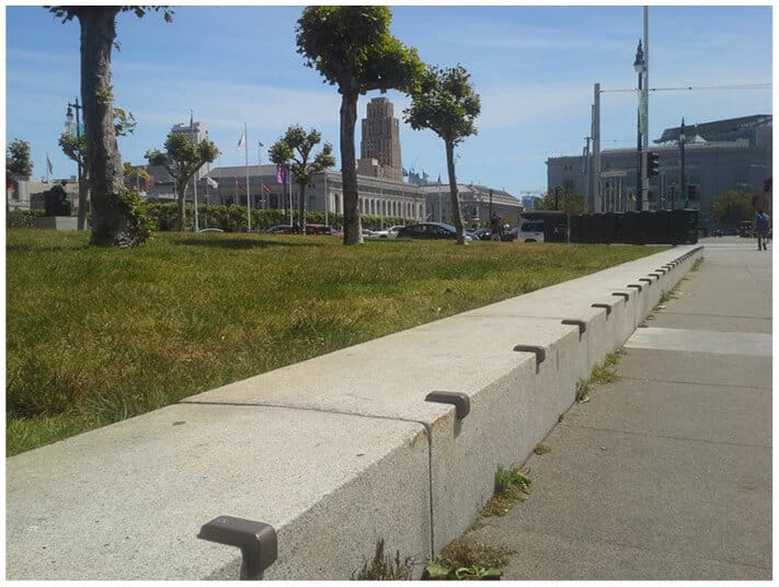 Skatestoppers mounted along a ledge, San Francisco, California, USA
